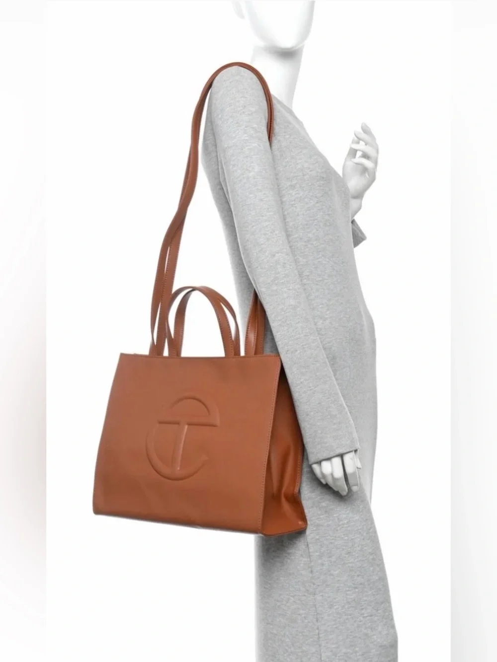 Telfar Leather Medium Cognac Brown Logo-Embossed Shopper Tote